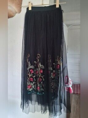 Black Embroidered Floral Mesh Midi Skirt